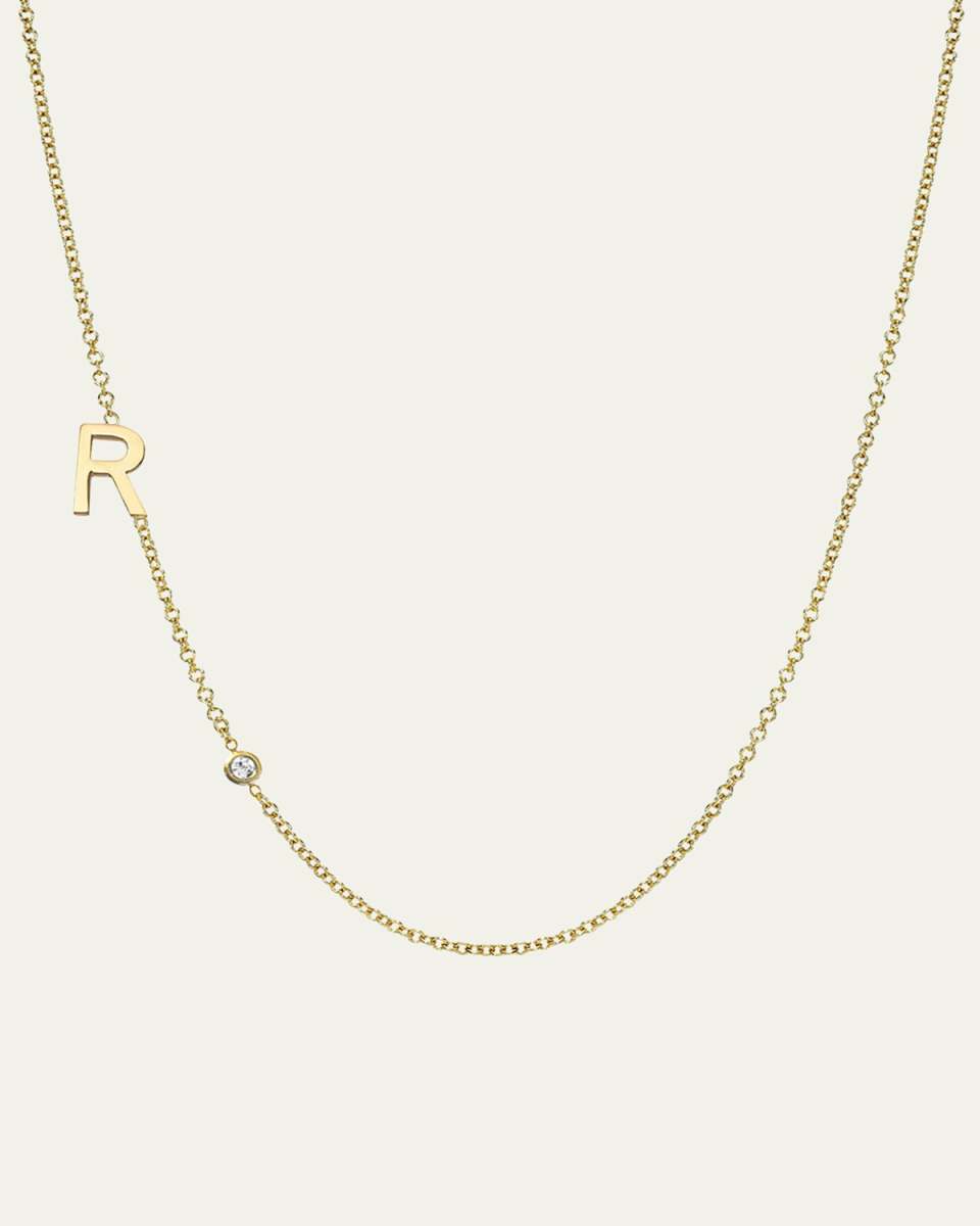 14k Gold Asymmetrical Initial and Bezel Diamond Necklace